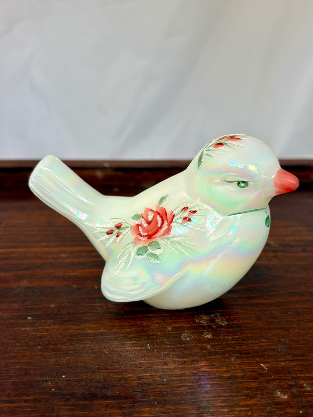 Fenton Iridescent White Ceramic Bird with Opalescent Shine and Painted Roses